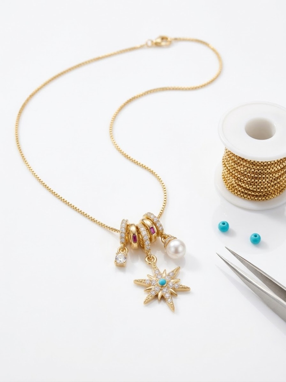 14k Gold - Filled Starburst Pendant & Necklace with Pearl and Turquoise Accents